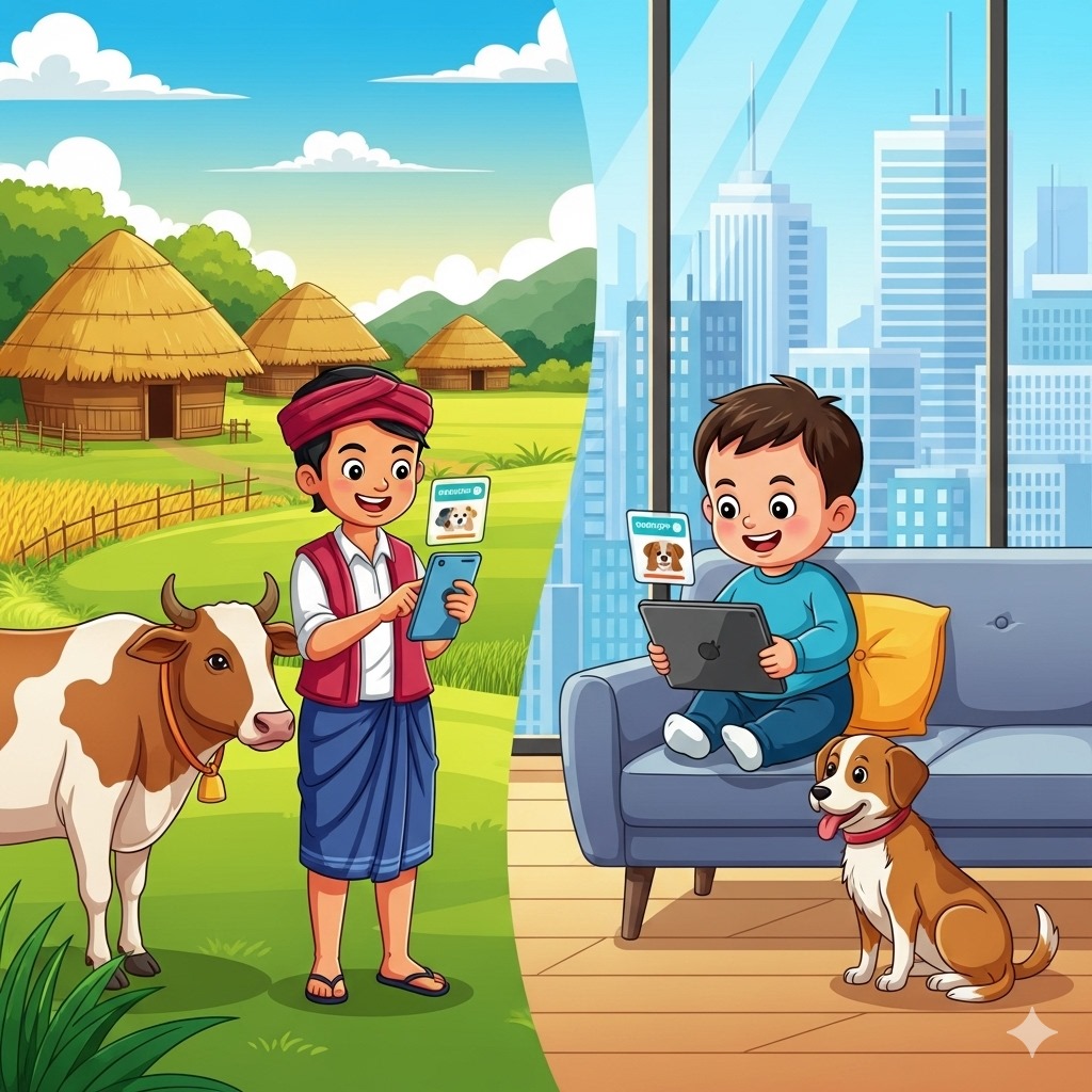 Farmer with cow and child with pet